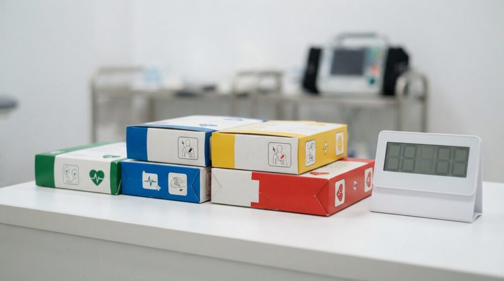 Close-up product photography of AED electrode pads boxes (CU