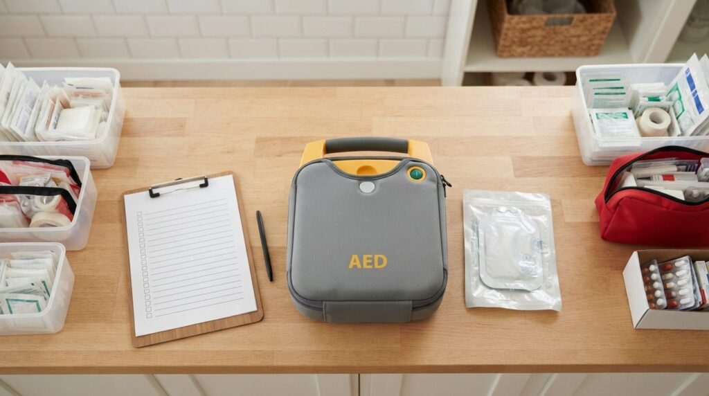 Overhead view of an organized home first aid station with AE