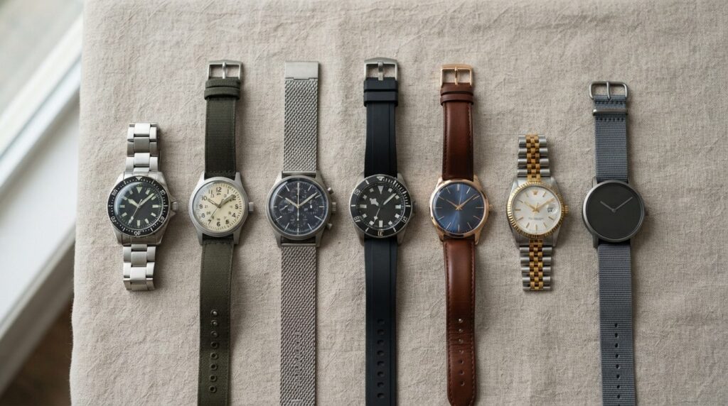 Flat lay lifestyle photography of durable watch collection a