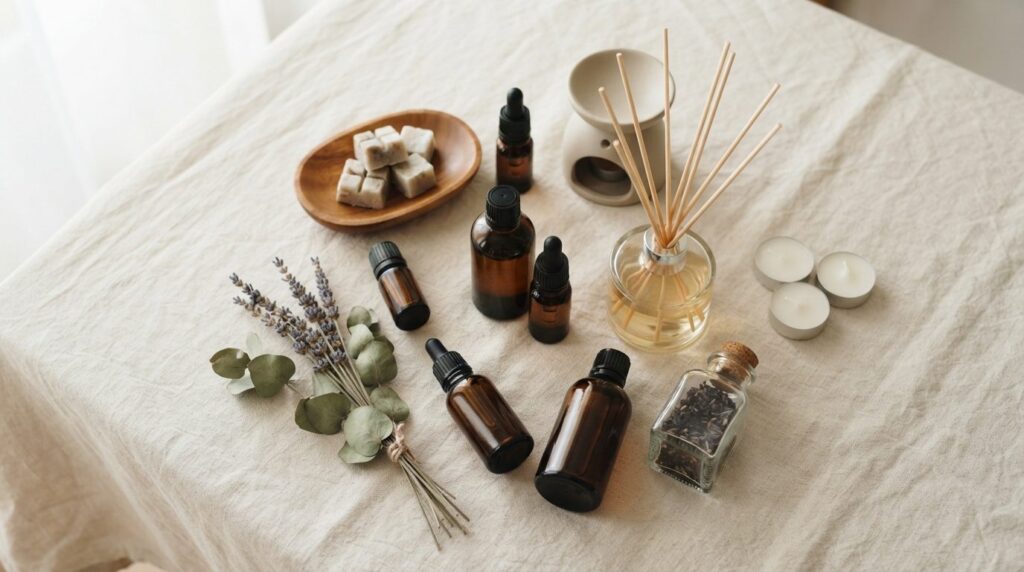 Close-up flat lay comparison of fragrance products - essenti
