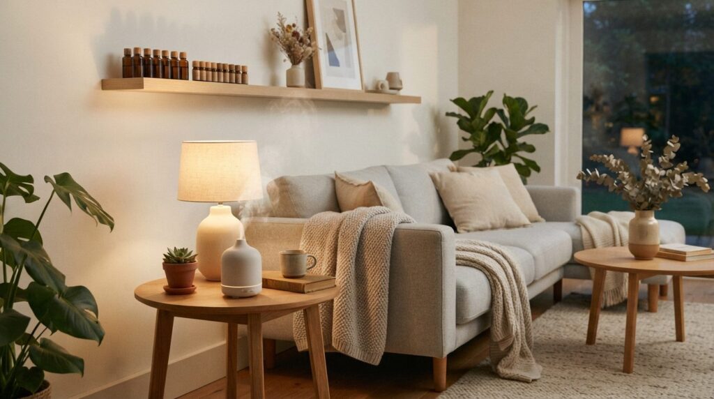 Serene modern living room interior with aroma diffuser on si
