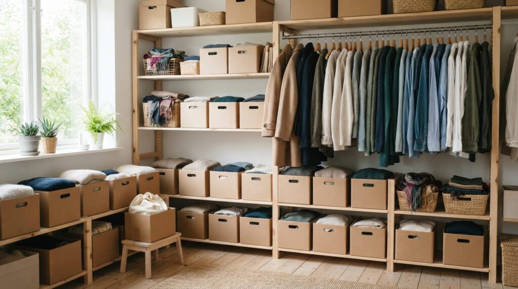 Bright, clean storage room with labeled cardboard donation b
