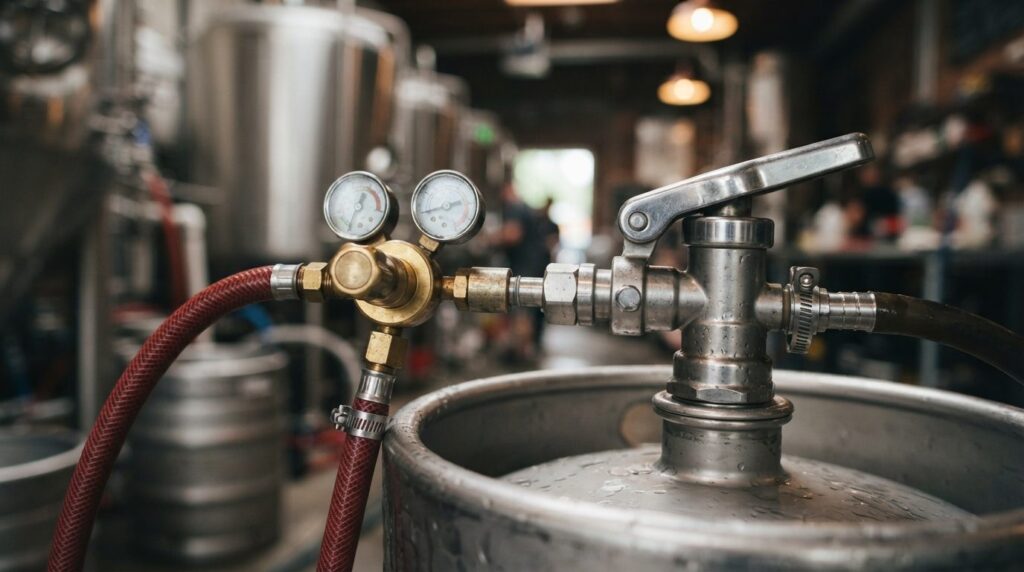 Close-up detail shot of a stainless steel beer keg tap valve