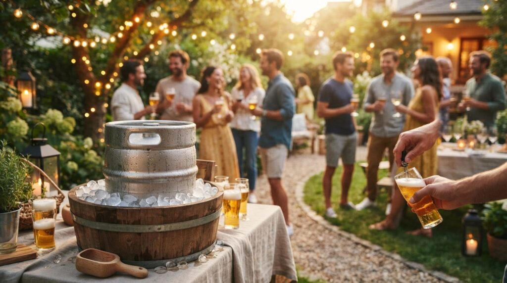 Lifestyle scene of a garden party in progress with multiple 